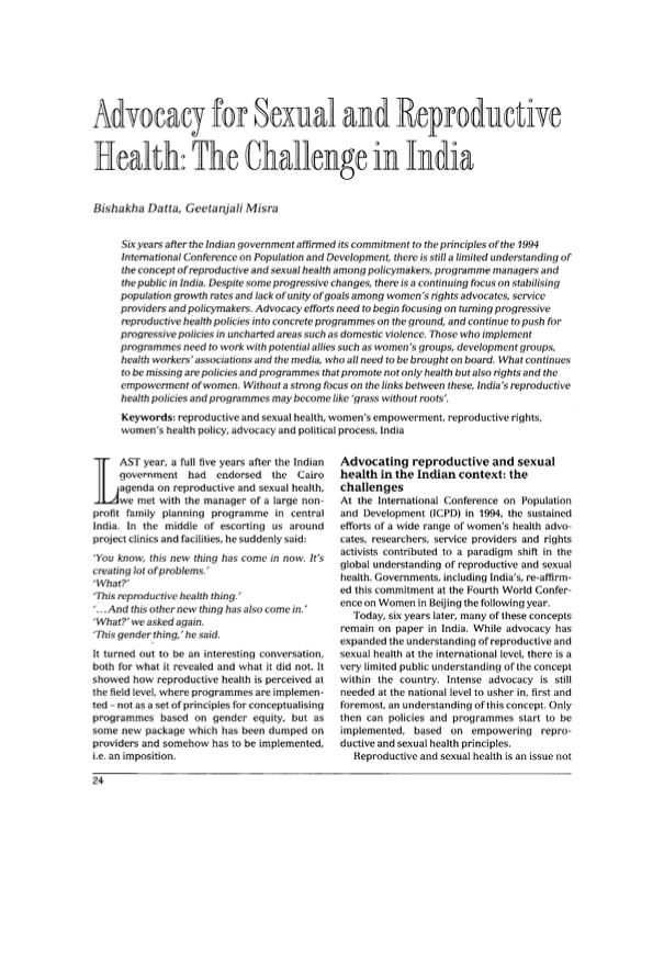 Advocating reproductive and sexual health in the Indian context: the challenges
